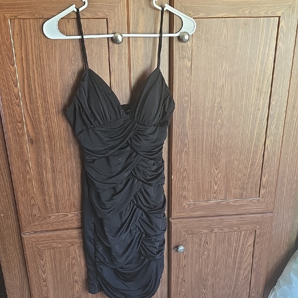 City Triangles Black Ruched Spaghetti-Strap Mini Dress